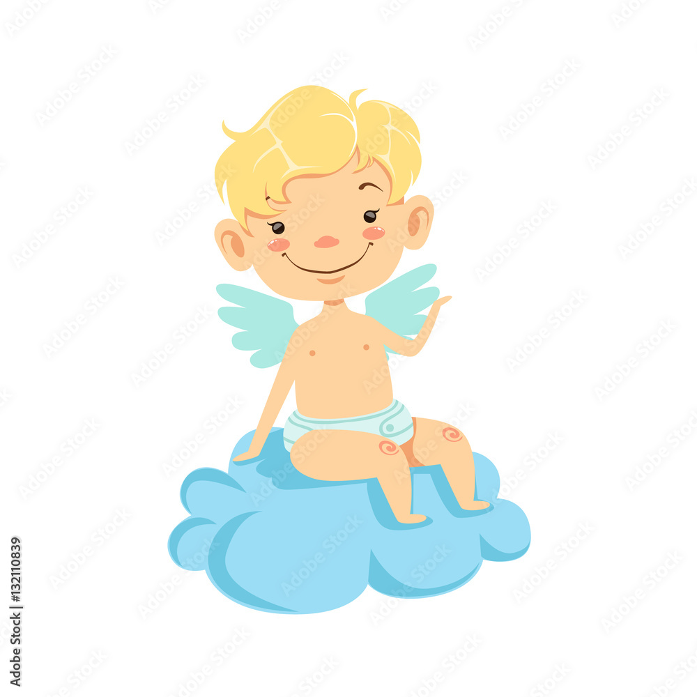 Boy Baby Cupid Sitting On Cloud, Winged Toddler In Diaper Adorable Love Symbol Cartoon Character