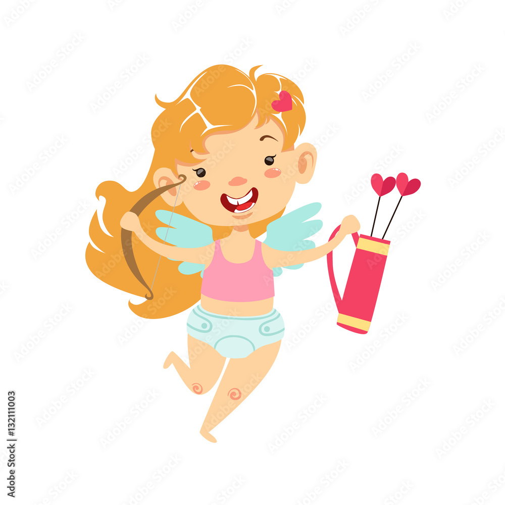 Girl Baby Cupid With Bow And Quiver, Winged Toddler In Diaper Adorable Love Symbol Cartoon Character Girl Baby Cupid With Bow And Quiver, Winged Toddler In Diaper Adorable Love Symbol Cartoon Character