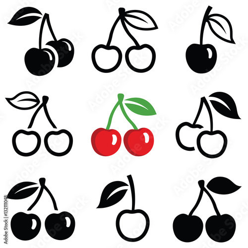 Cherry icon collection - outline and silhouette illustration
