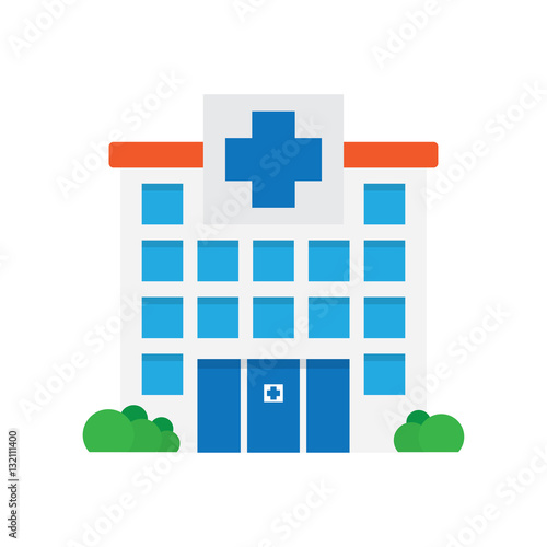Hospital building, medical icon.