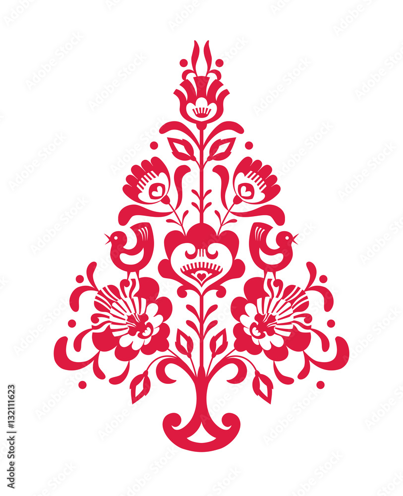 Czerwona choinka bożonarodzeniowa ze wzorem ludowym - obrazy, fototapety, plakaty 