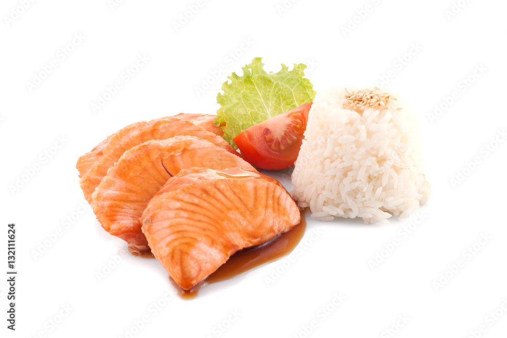 fish with sauce and rice on a white background