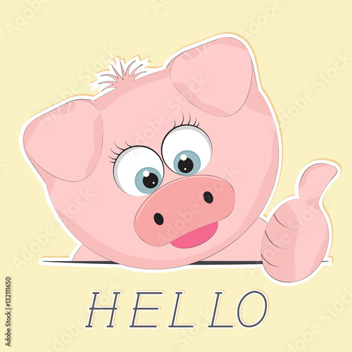 Good cute pig. Greeting card.Yellow background