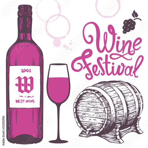 Vector illustration with bottle, glass, cask in sketch style. Set  alcoholic beverages. Wine festival. Brush calligraphy elements for your design. Handwritten ink lettering.