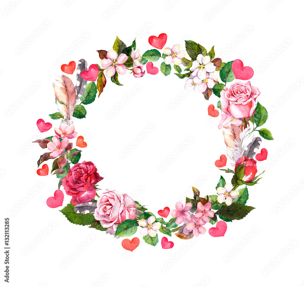 Floral wreath - roses flowers, feathers, hearts. Watercolor round border for Valentine day, wedding