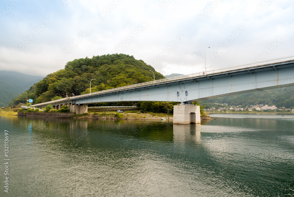 Kawaguchiko lake  and the bridge in autumn, Yamanashi, Japan