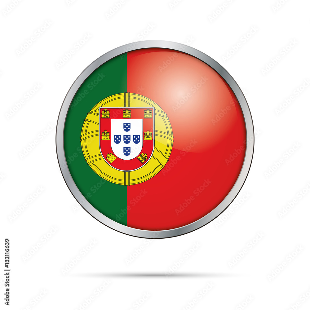Obraz premium Vector Portuguese flag Button. Portugal flag in glass button style with metal frame.