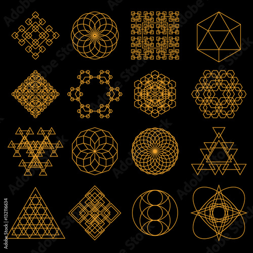 Set of geometric tattoo icons. Set of nine symbols of sacred geometry. Linear character illustration for tattoo black background