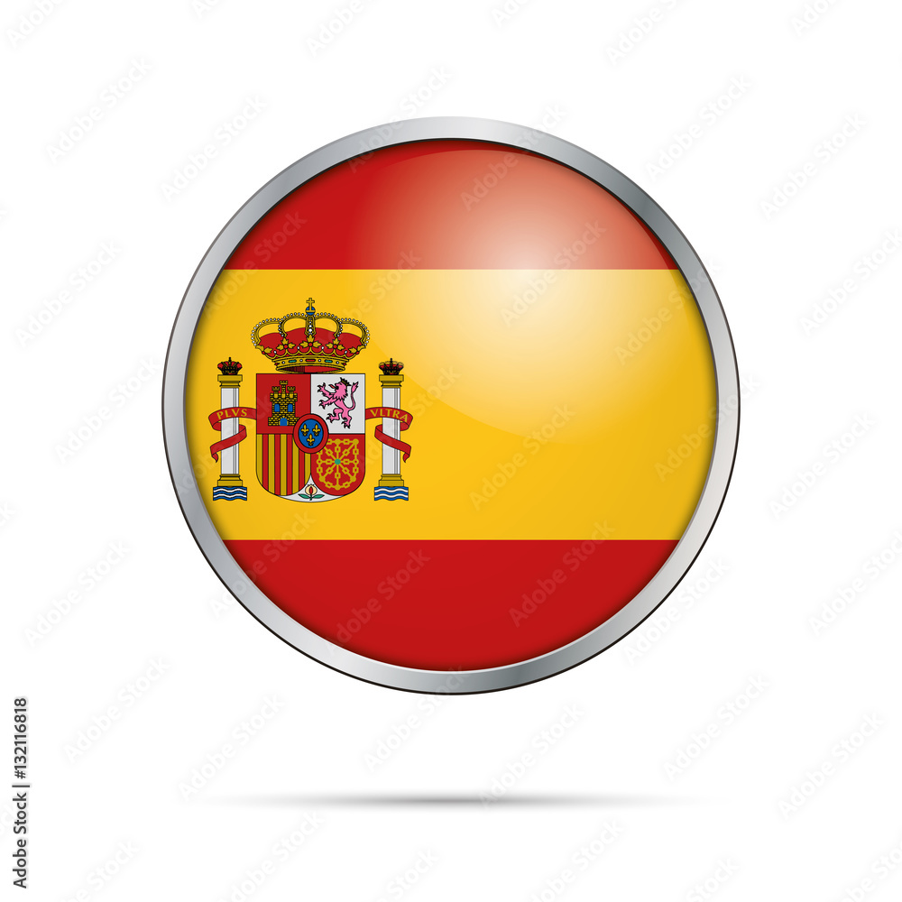 Vector Spanish flag Button. Spain flag in glass button style with metal frame.