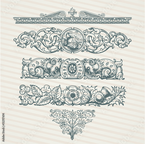 Decorative elements in vector collection with retro ornament pattern in antique roman and baroque style