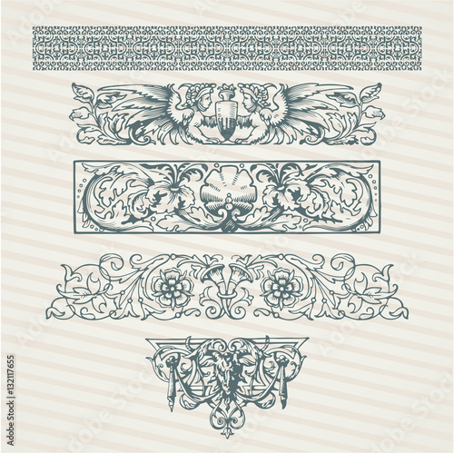 Decorative elements in vector collection with retro ornament pattern in antique roman and baroque style