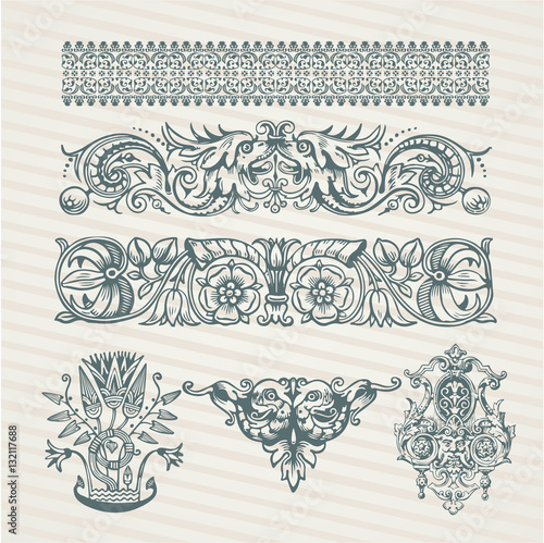 Decorative elements in vector collection with retro ornament pattern in antique roman and baroque style