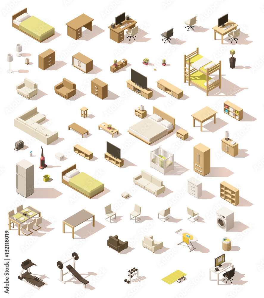 Vector isometric low poly domestic furniture set
