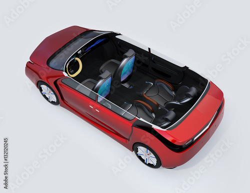 Self-driving car concept image. Front seats' back monitor showing digital interface which could connect to Internet. 3D rendering image.