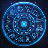 Light symbols of zodiac and horoscope circle, astrology