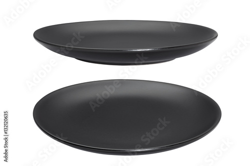 Black empty plate isolated on white background