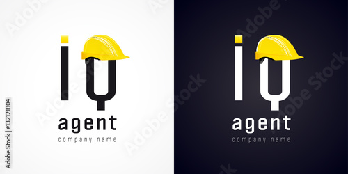 Sign of high-tech development company. IQ agent vector logo. Repair of computers and software service business icon. Sys admin of webpage symbol with building hat element. Construction helmet.
