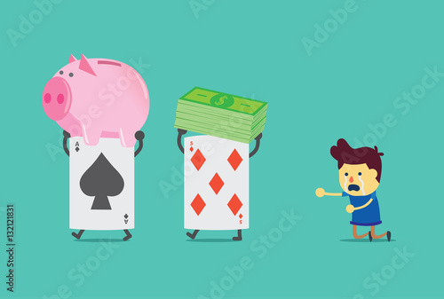 Poker card lifting dollar bill and piggy bank of man. He waste a lot of money from gambling.