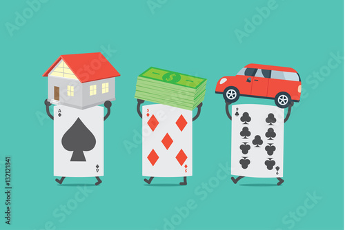 Poker card lifting home and money and car. This illustration description to seize asset because gambling.