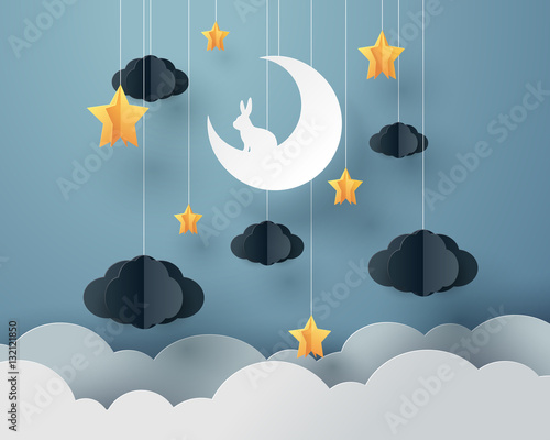 Paper art of Goodnight and sweet dream, night and paper mobile
