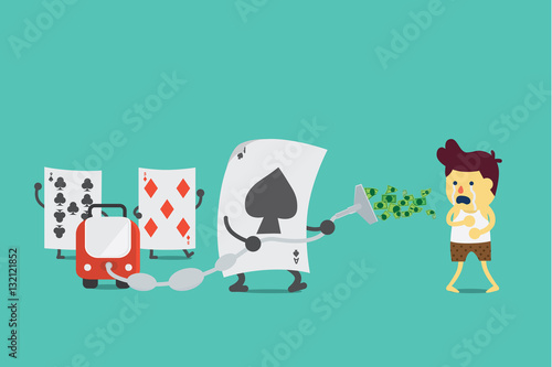 Ace of spades card using vacuum cleaner to suck up dollar bill from gambler.