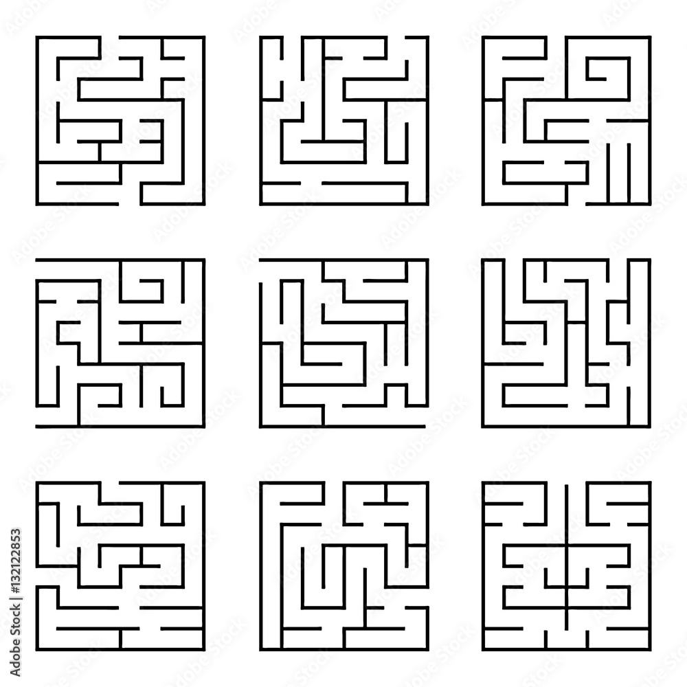 Collection of easy maze puzzle game. Black and white labyrinth business concept. Labyrinth for smart kids and children
