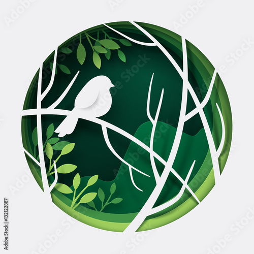 Paper art carve to bird on tree branch in forest at night