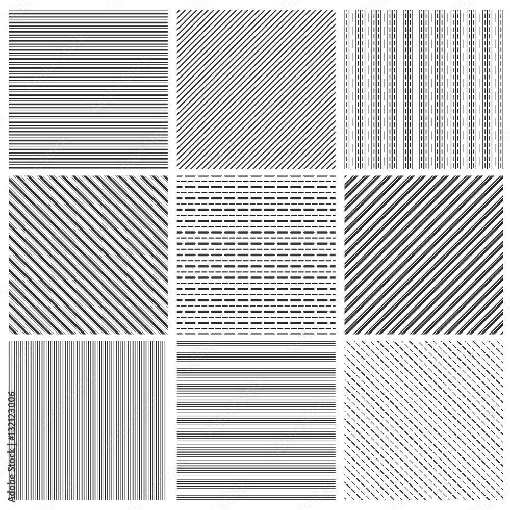 Geometric line pattern set. Parallel streep black diagonal lines patterns vector illustration