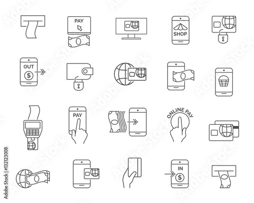 Phone or mobile payment, terminal and card shopping paying line icons. Pay online vector signs