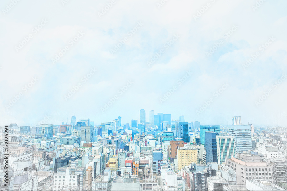 Asia Business concept - panoramic modern cityscape building bird eye aerial view under sunrise and morning blue bright sky from Nagoya TV Tower in Nagoya, Japan mix hand drawn sketch illustration