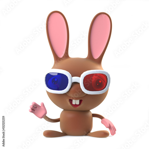 3d Cute cartoon bunny rabbit wearing 3d glasses and waving hello