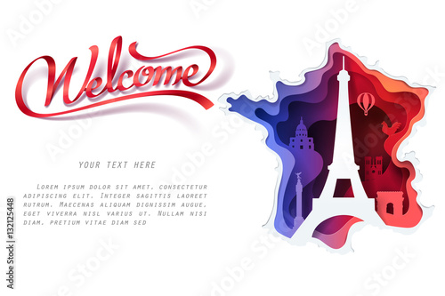 Paper art of  France with red Welcome ribbon and space for text