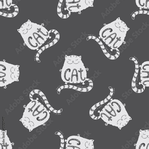 Cute fat cat seamless pattern  funny hand drawn on dark backgrou