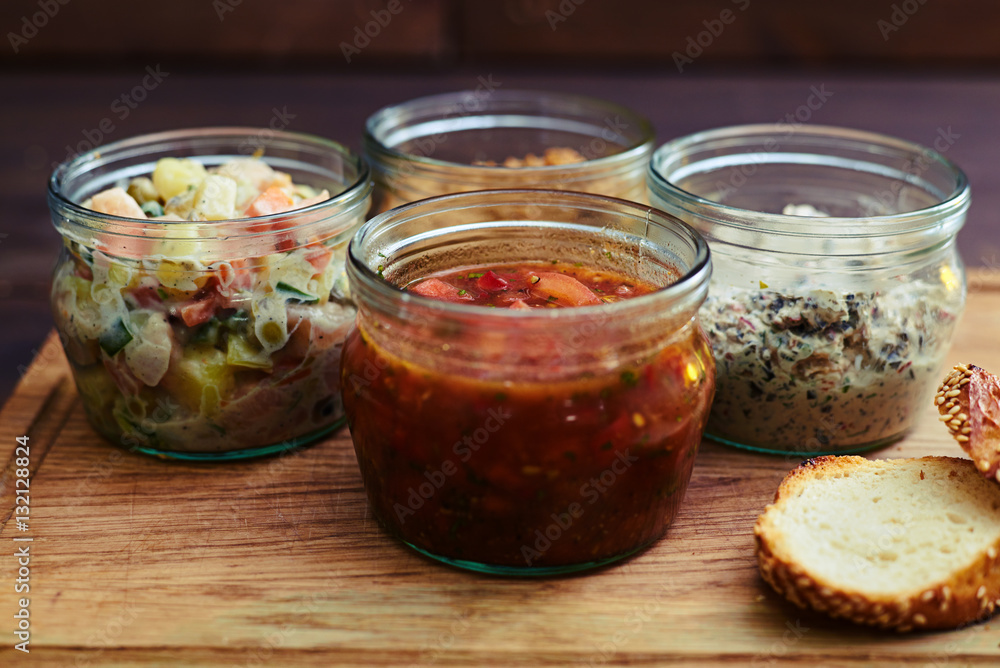 Collection of salads in jars Collection of salads in jars