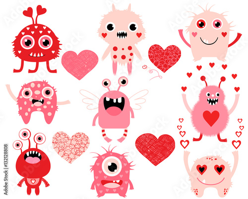 Vector love set of cute Valentines Day monsters and hearts