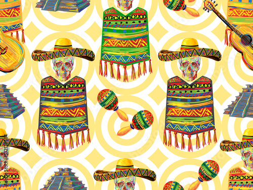 Mexican seamless music pattern with skull, sombrero hat, guitar, maracas, Aztec pyramid, poncho background. Perfect for wallpapers, pattern fills, web page backgrounds, surface textures, textile
