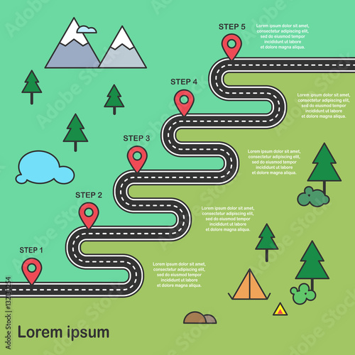 Five steps Zig-zag asphalt road journey and hiking trip with camping place, lake, mountain and pin-pointers in a flat design style. Vector EPS 10