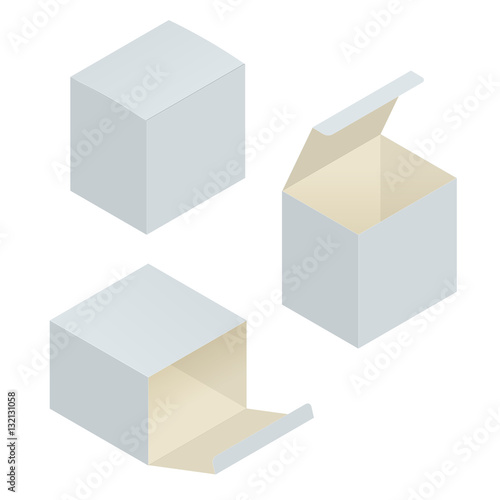 White blank cardboard package box in different positions. Vector template.