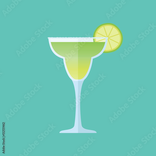Glass of margarita cocktail with lime slice isolated on background. Flat style icon. Vector illustration.