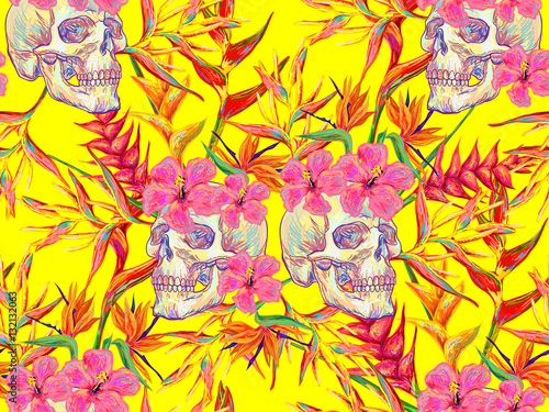 Seamless summer tropical pattern with skulls and exotic flowers vector background. Tropical flowers. Perfect for wallpapers, pattern fills, web page backgrounds, surface textures, textile