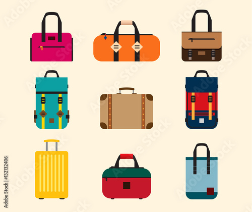 Vector bag icons set. Flat style. Handbag, backpack, messenger bag, suitcase