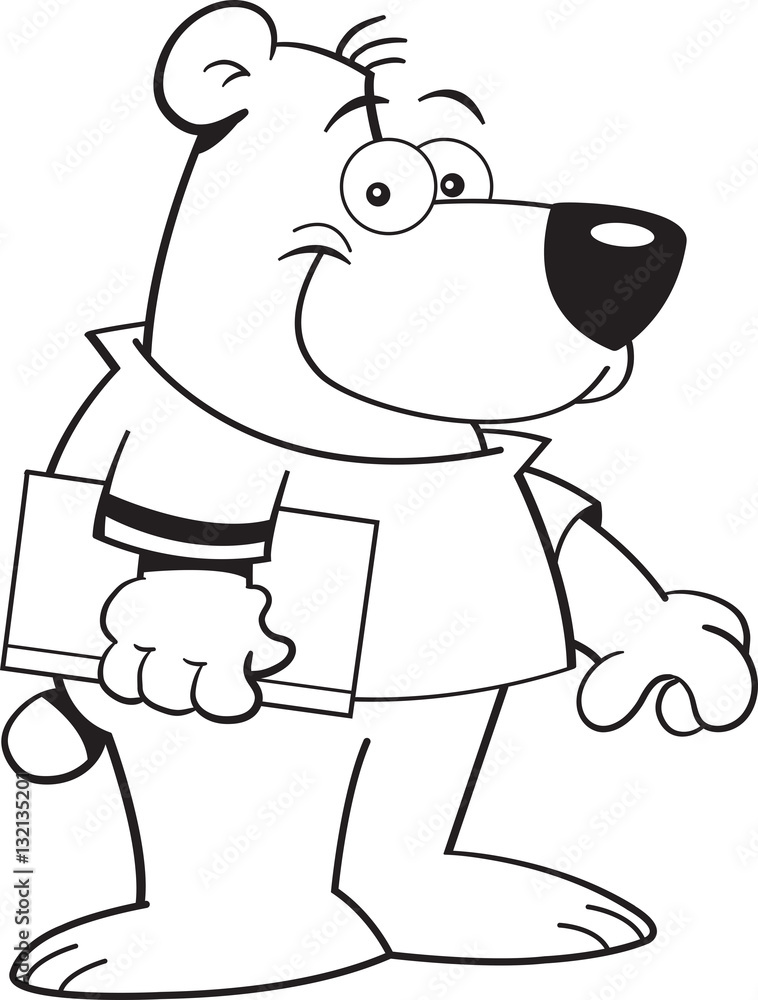Black and white illustration of a bear holding a book. Black and white illustration of a bear holding a book.
