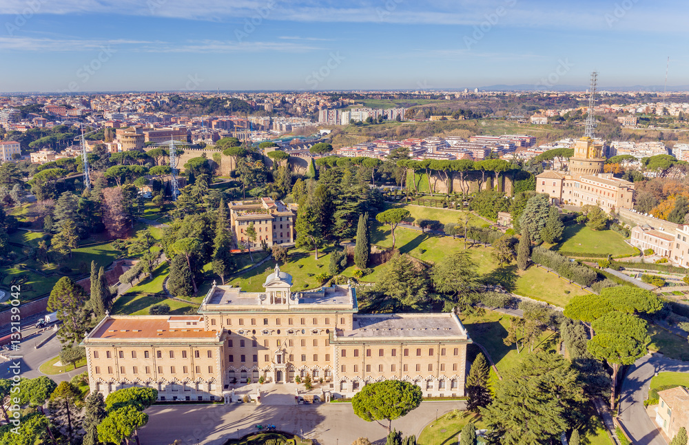 View at the Vatican Gardens and the Palace of the Governorate in Rome from the dome of St. Peter's basilica.
