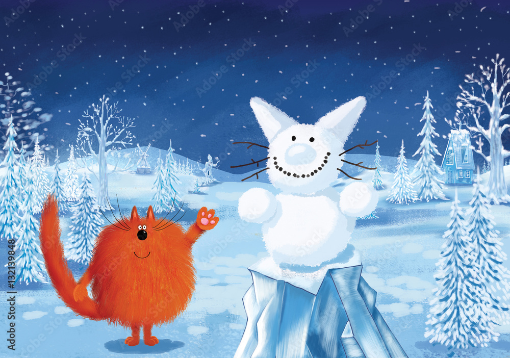 Cat Next To Snowcat In Night Winter Landscape Stock Illustration ...