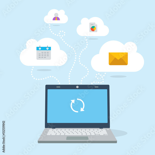 3D flat laptop device connects to cloud services.