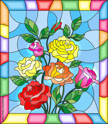 Illustration in stained glass style with flowers, buds and leaves of  roses on a blue background