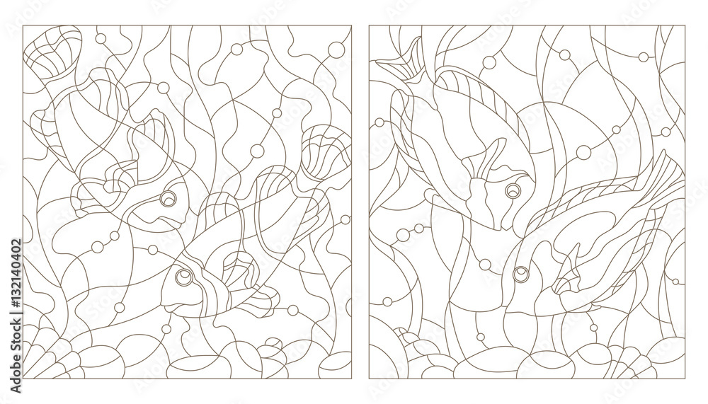 Set contour illustrations of stained glass with aquarium fish,fish surgery and fish clowns