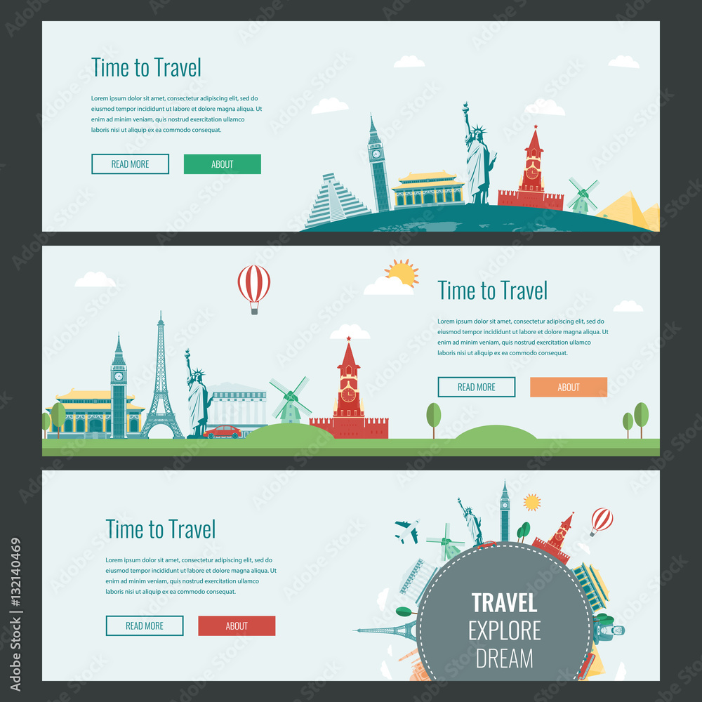 Travel and Tourism Headers, Banners with famous Landmarks. Vector