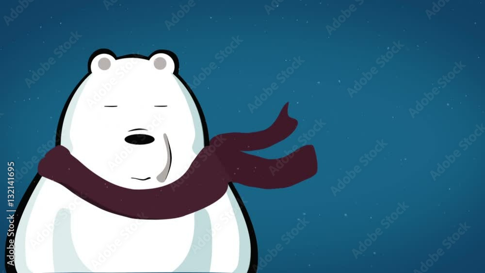 Bear in a scarf, snow falls, bear smiling and sniffing. Scarf develops in the wind. Bear in a scarf, snow falls, bear smiling and sniffing. Scarf develops in the wind.