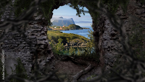 Bilde på lerret breathtaking view through ancient arch, amazing landscape